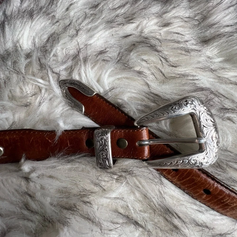 Nocona brown leather belt and ornate silver belt buckle